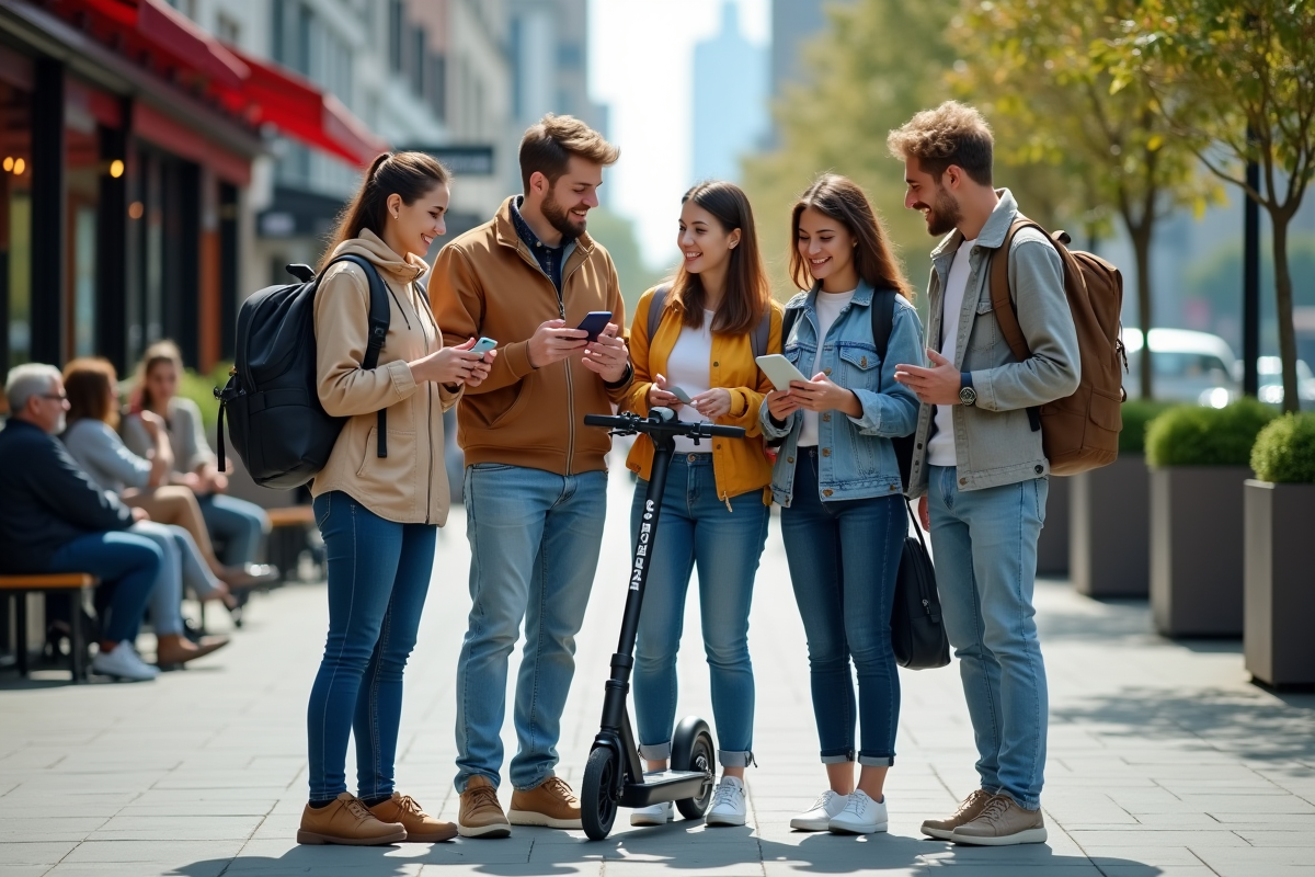 Groupe de jeunes urbains avec vélo et scooter en ville