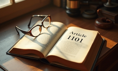 Livre ancien ouvert avec Article 1101 sur un bureau en bois