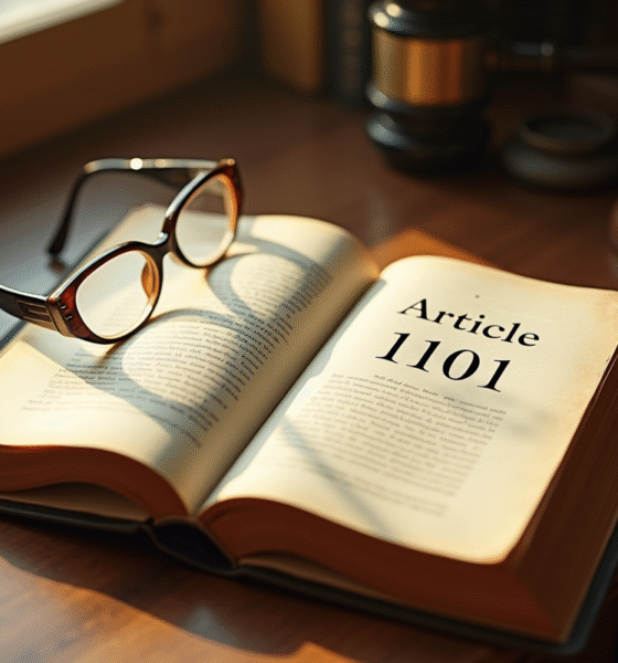Livre ancien ouvert avec Article 1101 sur un bureau en bois