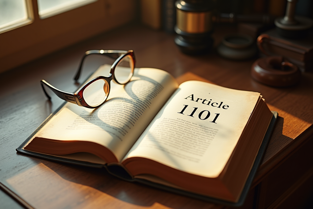 Livre ancien ouvert avec Article 1101 sur un bureau en bois