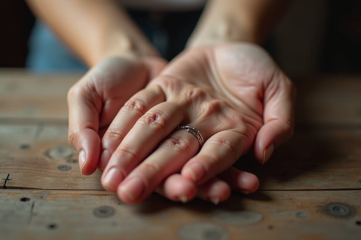 Mains entrelacées avec alliances sur une table en bois