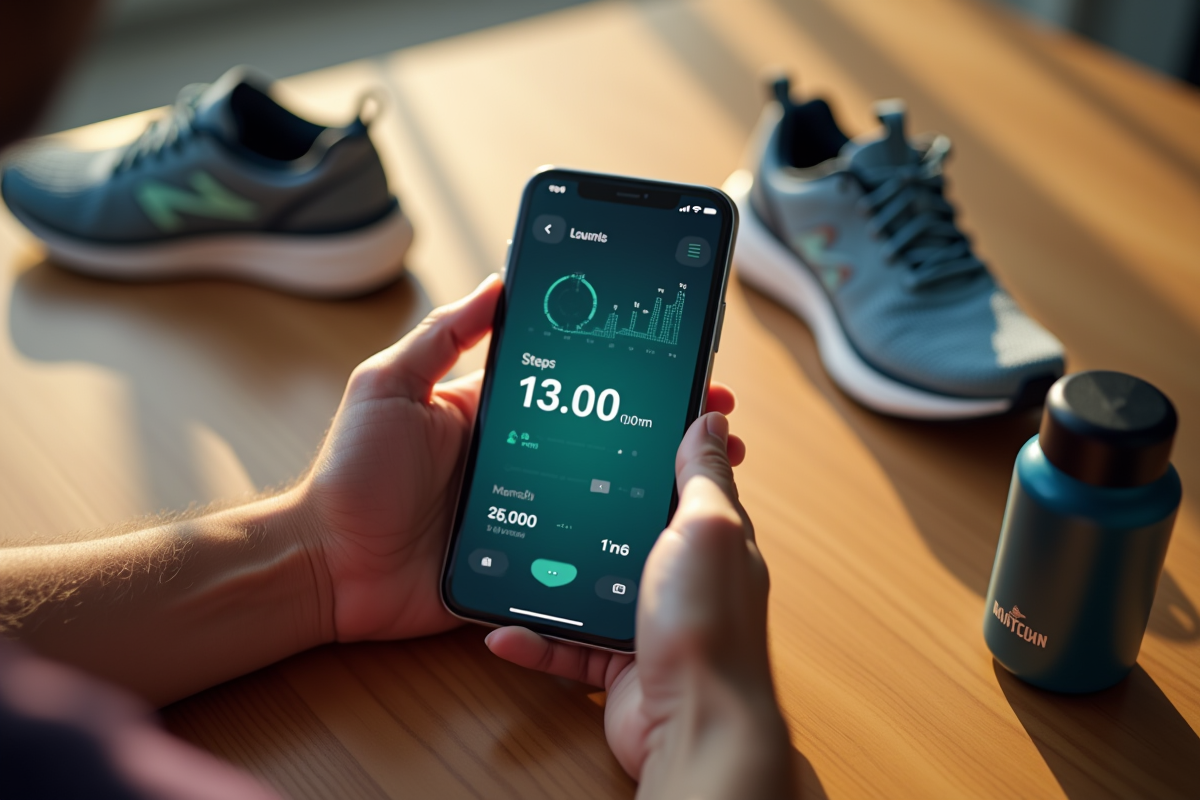 Mains tenant un smartphone affichant un pedomètre avec 13000 pas