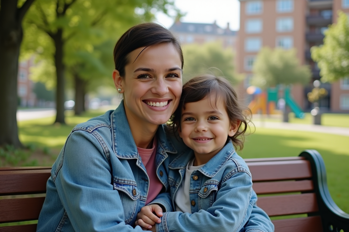 Maman et sa fille dans un parc en ville souriant