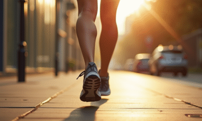 Jambes d'une personne en marche rapide avec tracker fitness en plein soleil