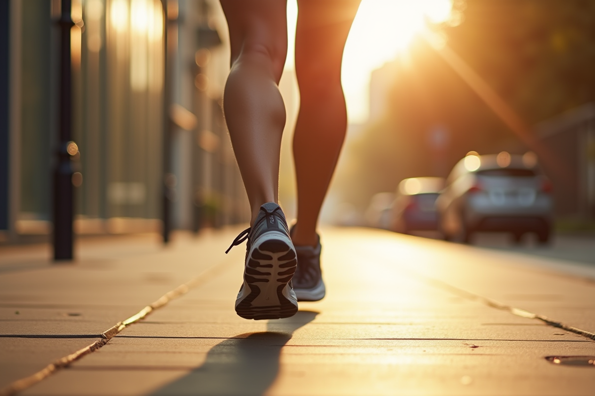 Jambes d'une personne en marche rapide avec tracker fitness en plein soleil