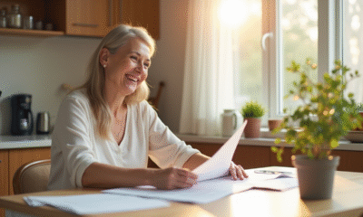 Mère souriante lisant des documents familiaux lumineux