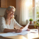 Mère souriante lisant des documents familiaux lumineux