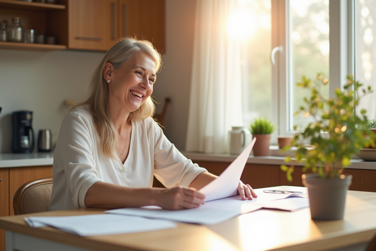 Mère souriante lisant des documents familiaux lumineux