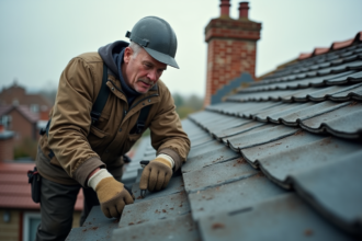 Ouvrier couvreur en action sur un toit résidentiel