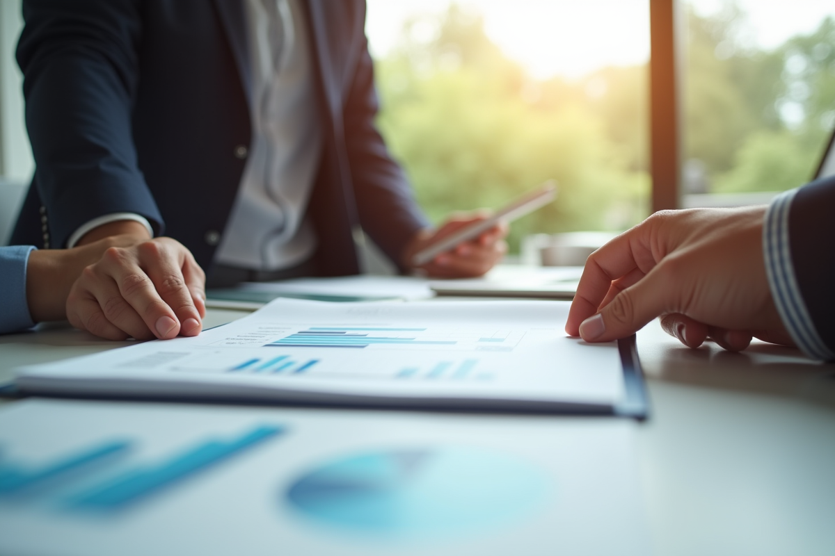 Mains échangeant un document avec graphiques lors d