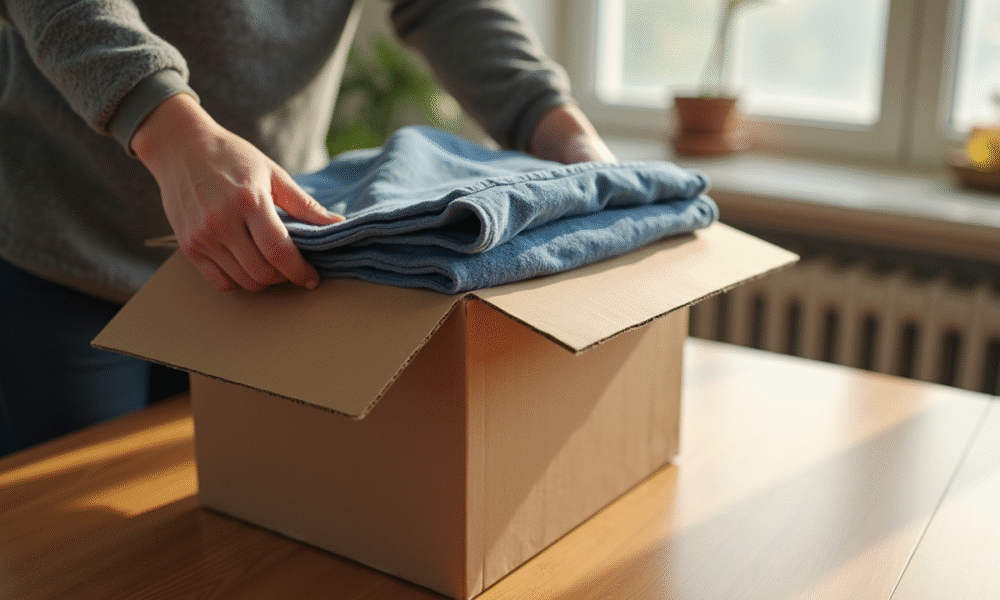 Personne emballant des vetements d'occasion dans une boite en carton