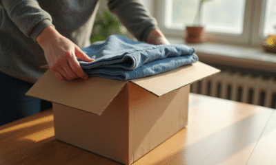 Personne emballant des vetements d'occasion dans une boite en carton