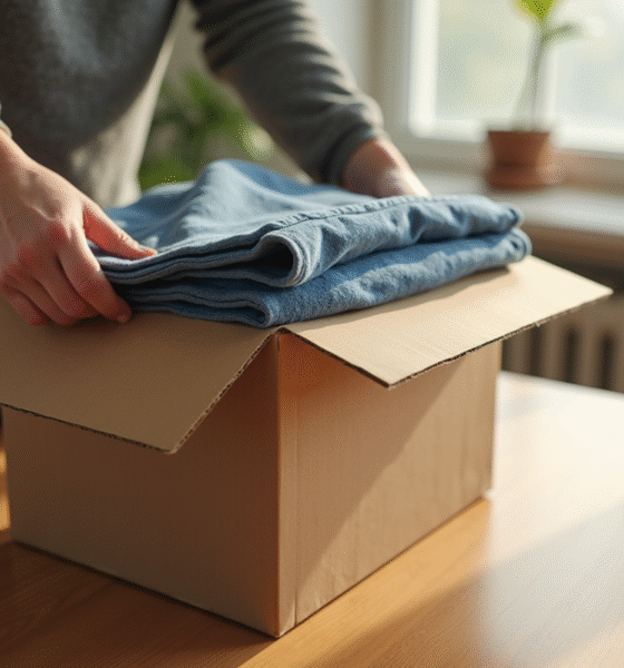 Personne emballant des vetements d'occasion dans une boite en carton