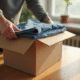 Personne emballant des vetements d'occasion dans une boite en carton