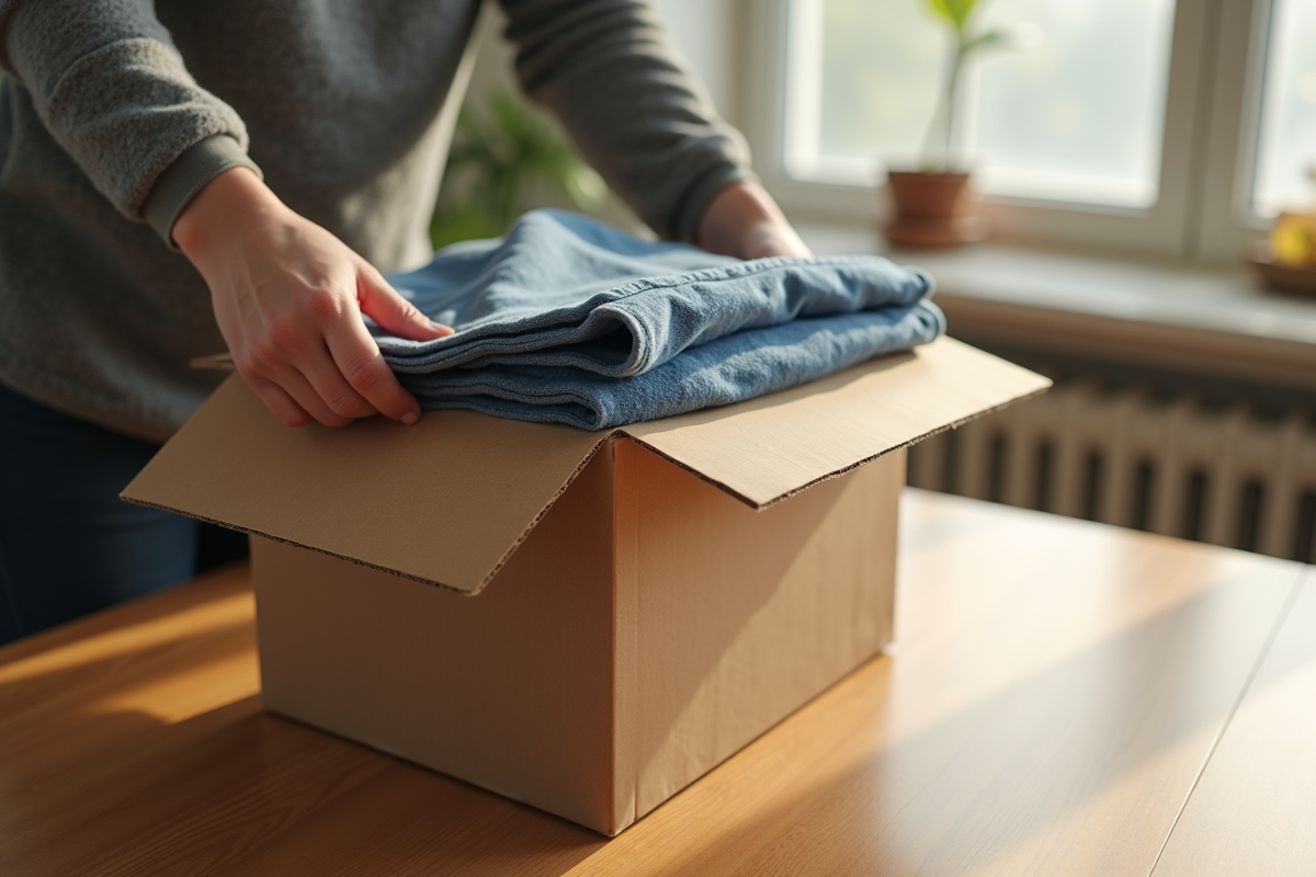 Personne emballant des vetements d'occasion dans une boite en carton