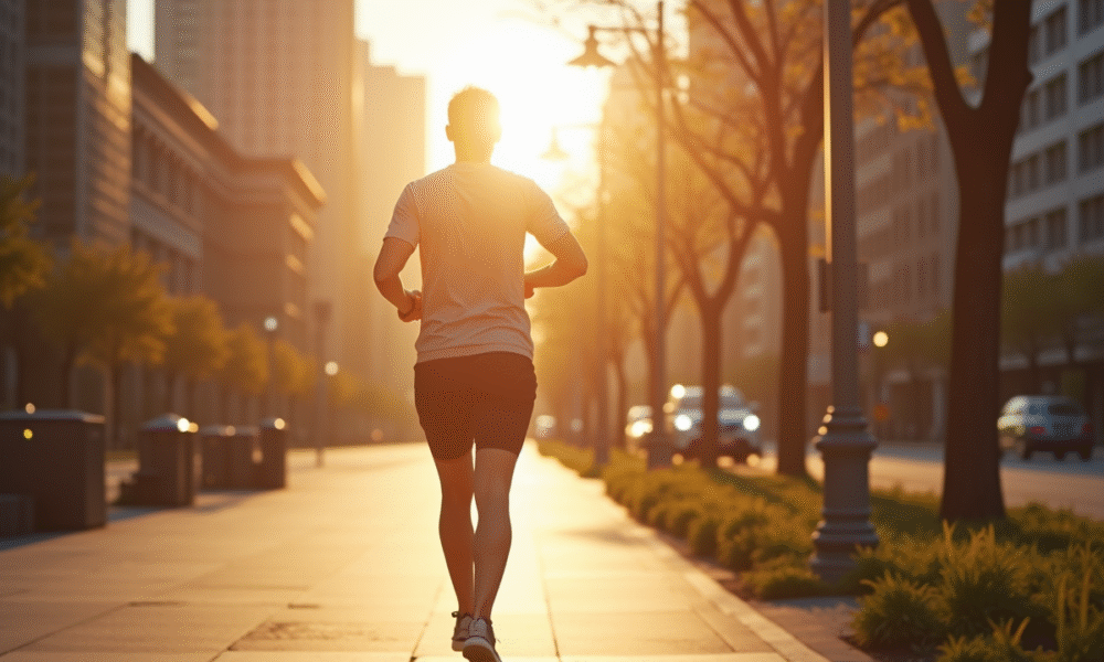 Personne marchant rapidement dans la ville au matin avec un tracker de fitness