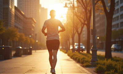 Personne marchant rapidement dans la ville au matin avec un tracker de fitness