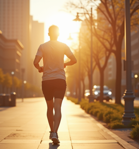 Personne marchant rapidement dans la ville au matin avec un tracker de fitness