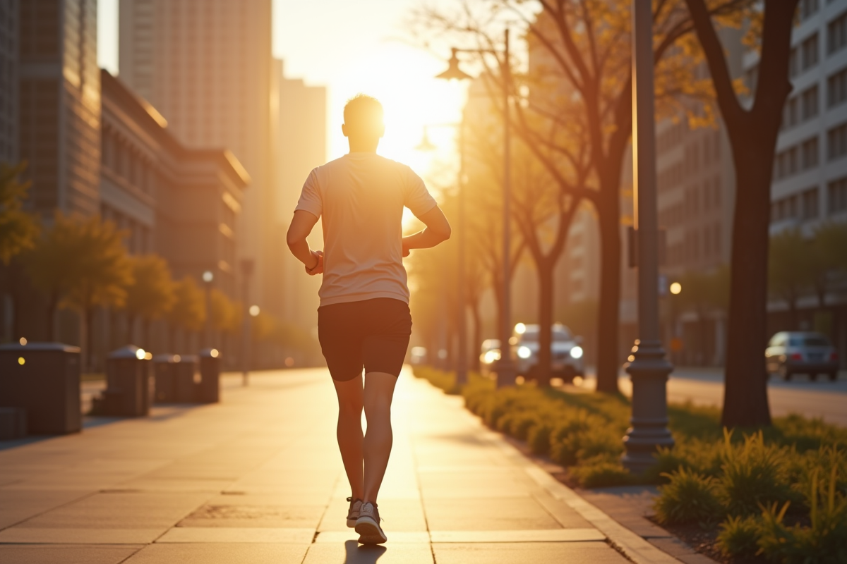 Personne marchant rapidement dans la ville au matin avec un tracker de fitness