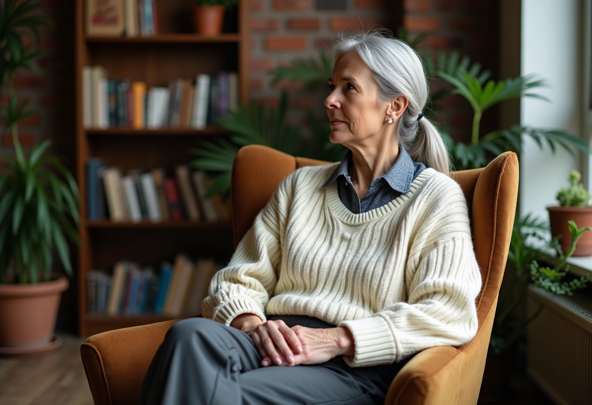 Personne nonbinaire assise dans un loft cosy