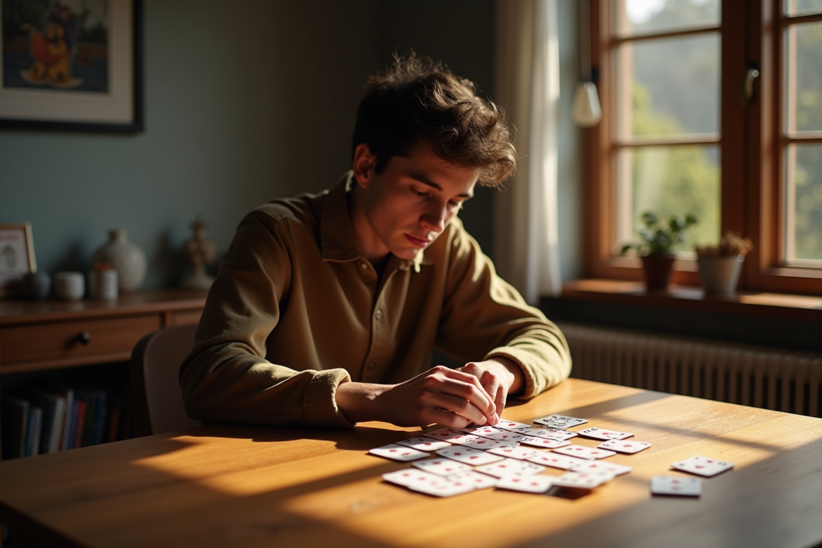 Personne jouant seul au solitaire dans une ambiance chaleureuse
