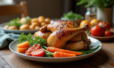 Poulet rôti sur une table en bois avec légumes colorés