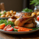 Poulet rôti sur une table en bois avec légumes colorés