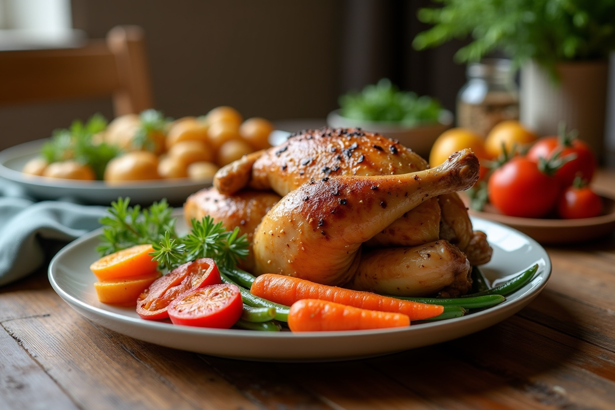 Poulet rôti sur une table en bois avec légumes colorés