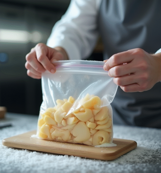Chef plaçant des tranches de foie gras dans un sac sous vide