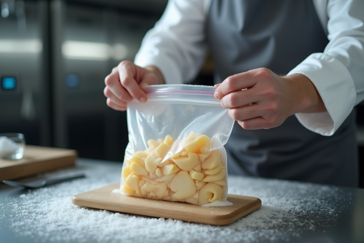 Chef plaçant des tranches de foie gras dans un sac sous vide