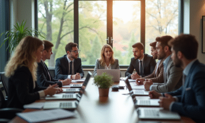 Groupe de professionnels en réunion dans un bureau lumineux