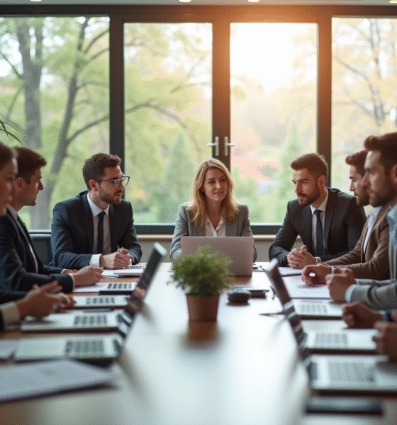 Groupe de professionnels en réunion dans un bureau lumineux