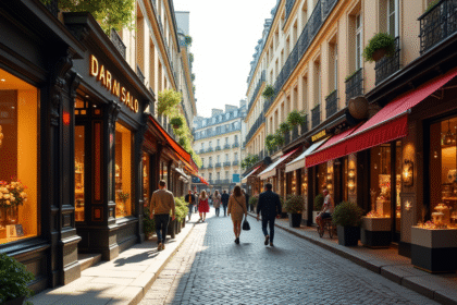 Rue commerçante parisienne avec boutiques et passants