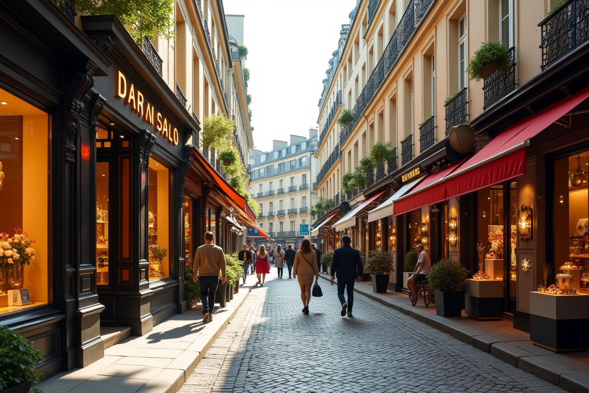 Rue commerçante parisienne avec boutiques et passants