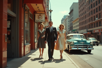 Scène de rue élégante des années 50 avec voitures vintage