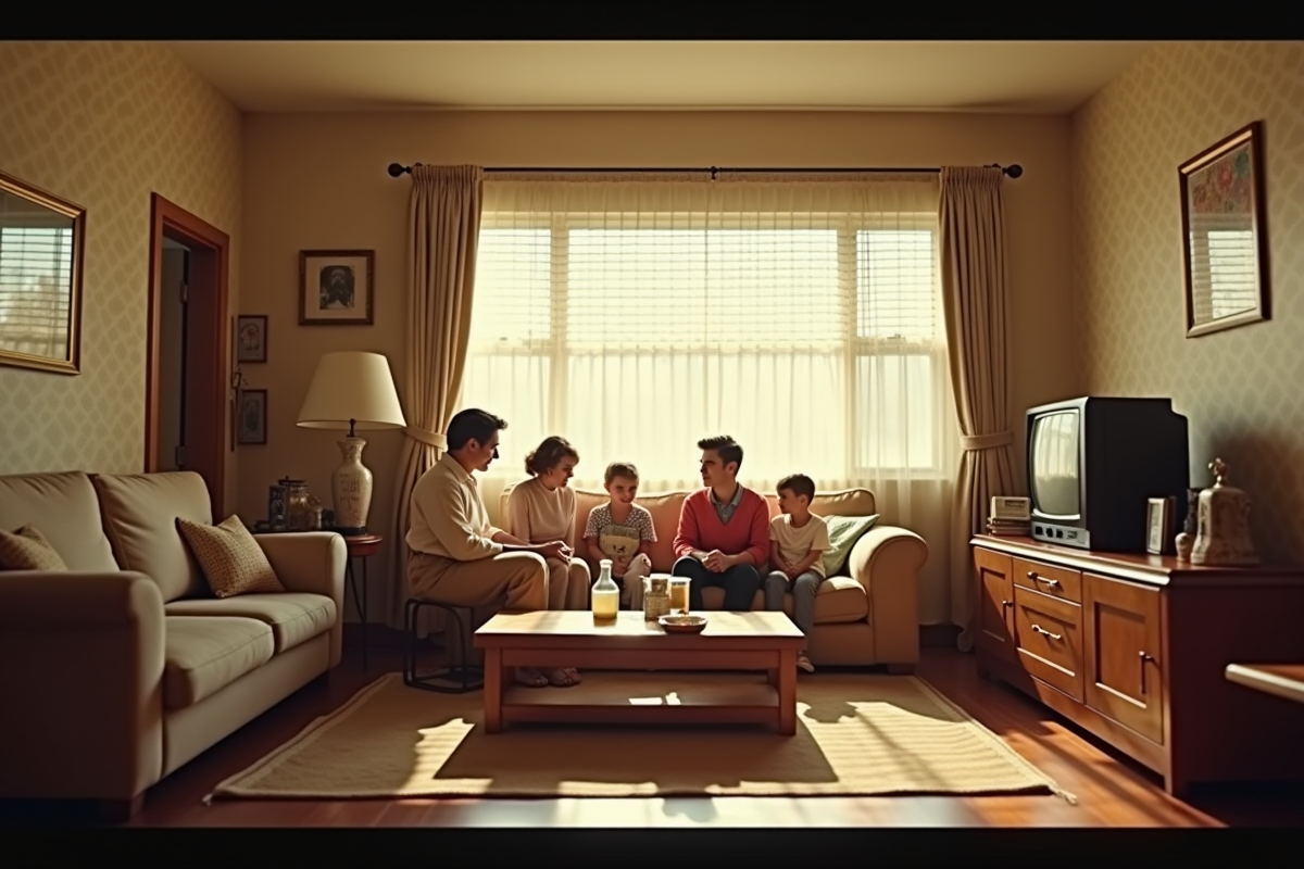 Intérieur de salon des années 50 avec famille et mobilier rétro