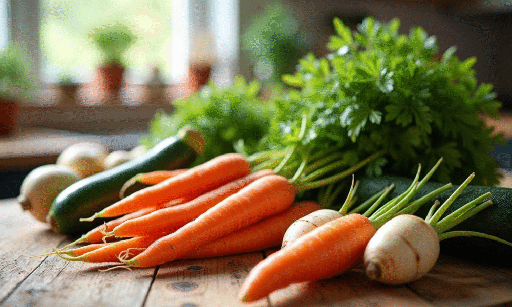 Vaste sélection de légumes frais en V sur une table en bois