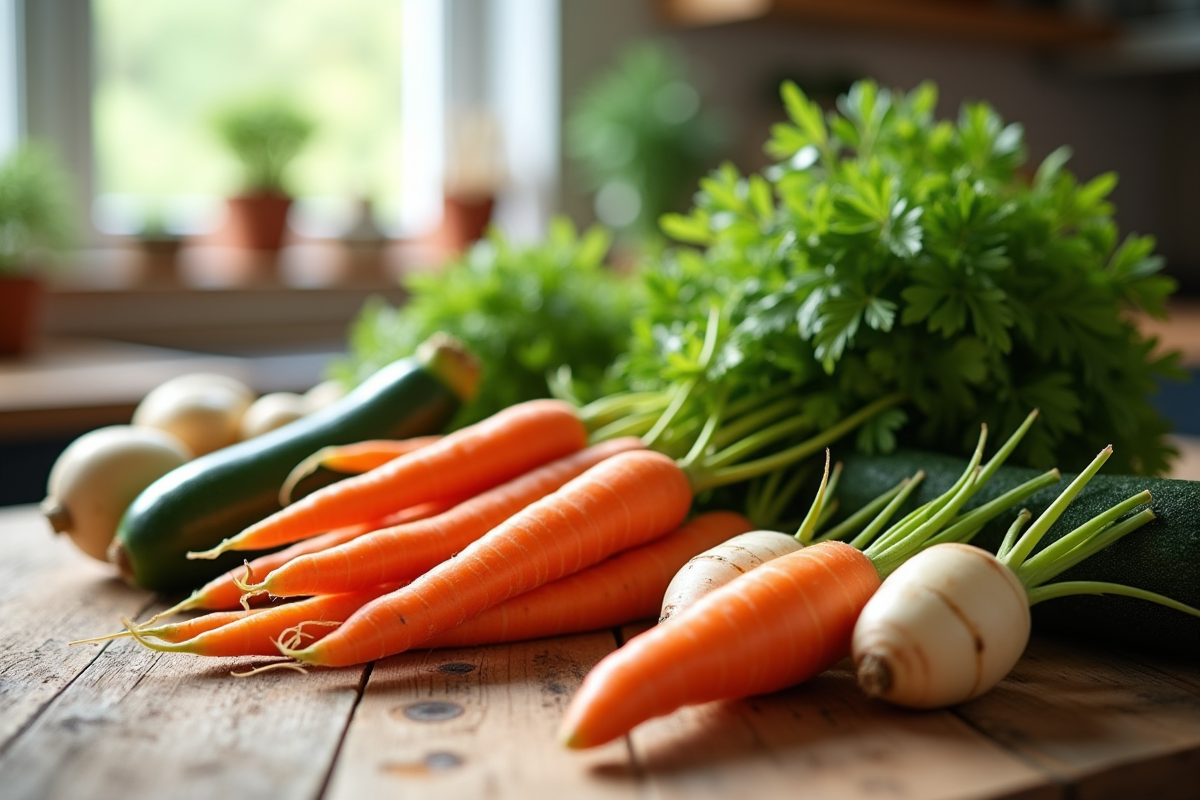 Vaste sélection de légumes frais en V sur une table en bois