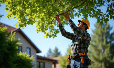 Personne taillant une branche d'arbre dans un jardin verdoyant
