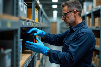 Technicien homme en tenue de travail manipulant des batteries lithium-ion