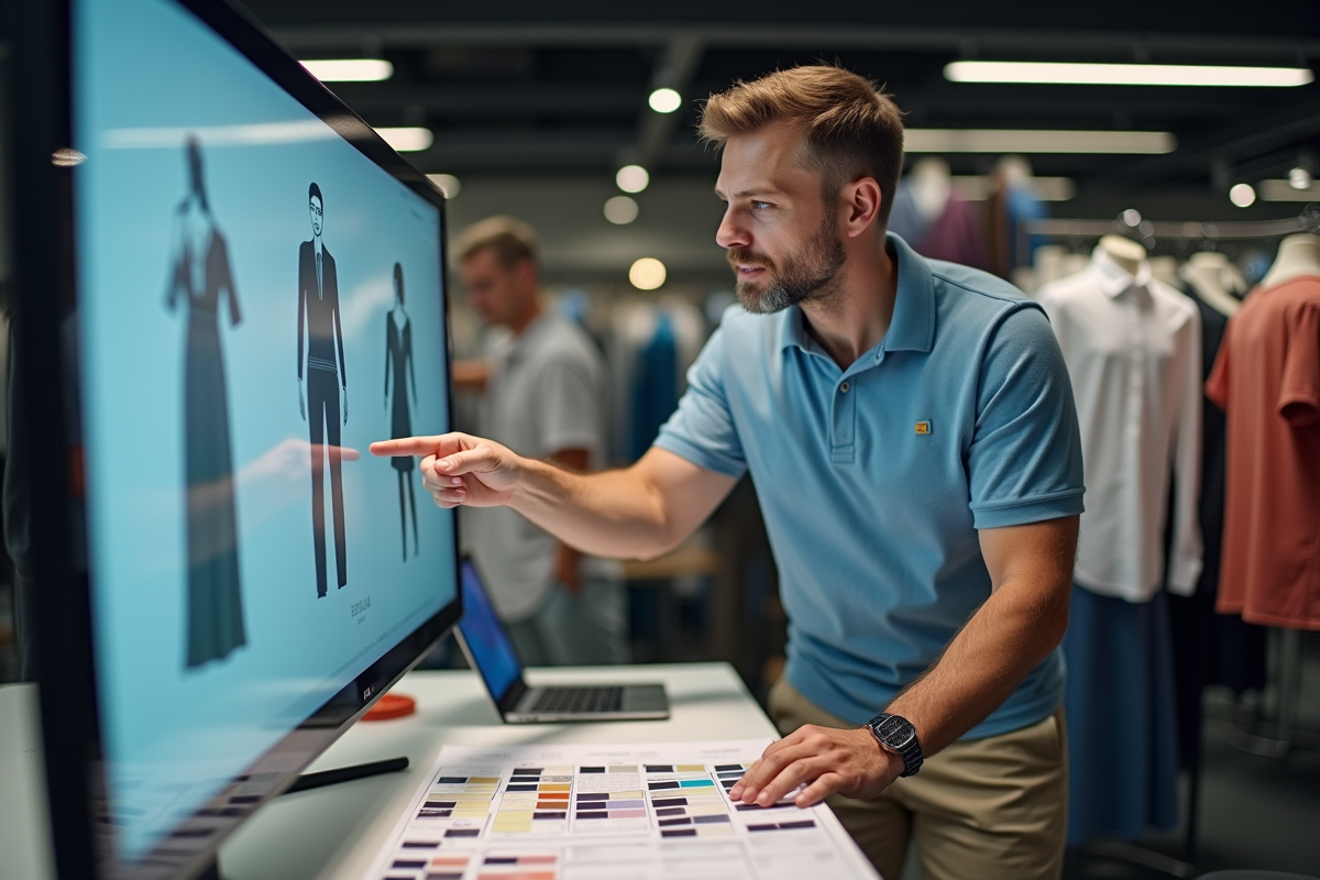 Technicien homme mode analysant un patron numérique dans un bureau moderne