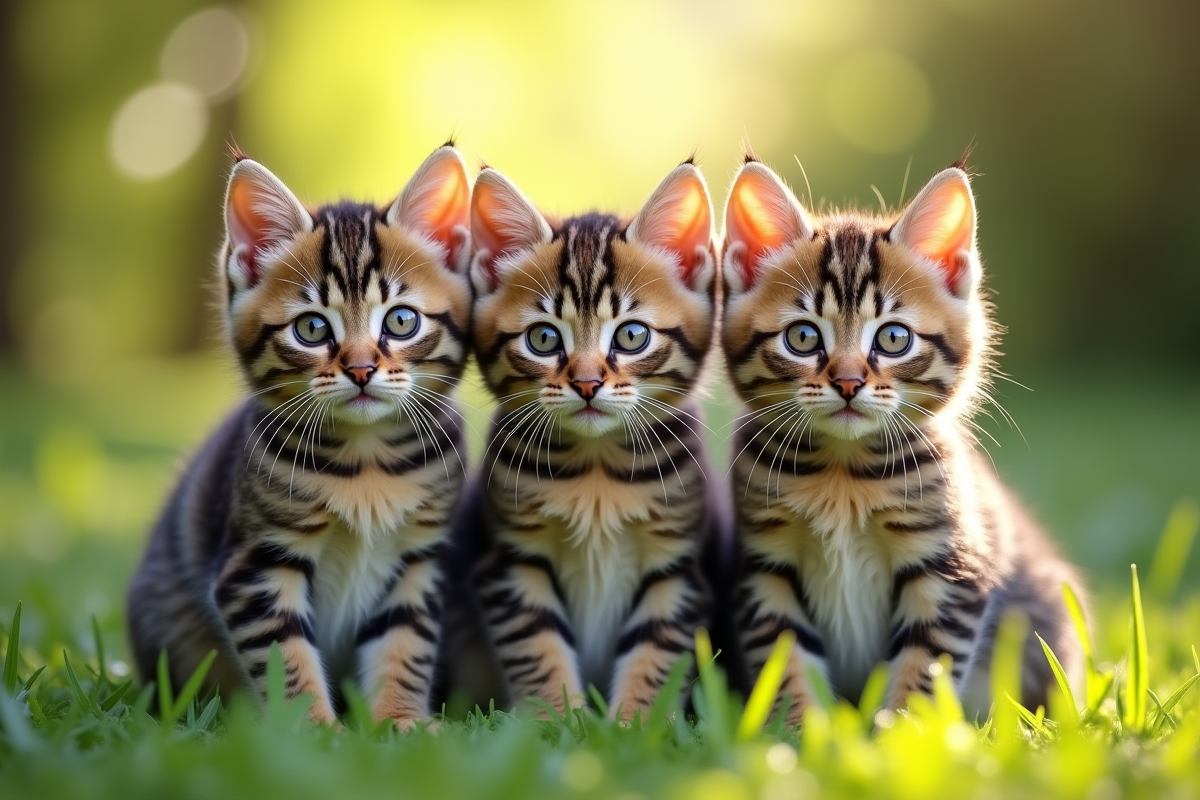 Trois chatons tabby dans un jardin ensoleille