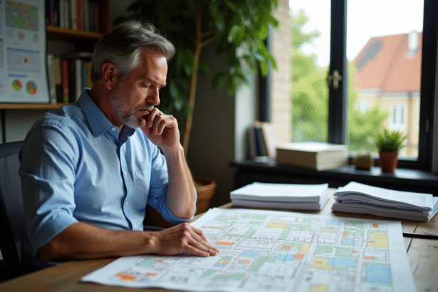 Homme d'affaires examine des plans d'urbanisme sur son bureau