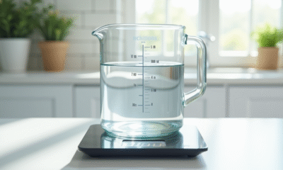 Verre mesureur rempli d'eau sur une balance numérique
