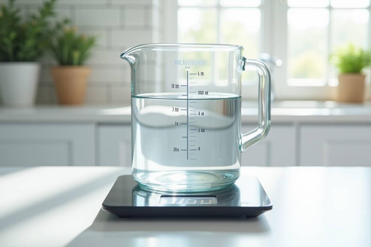 Verre mesureur rempli d'eau sur une balance numérique