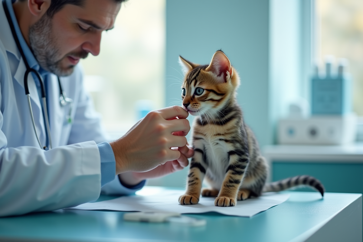Vétérinaire examinant un chaton tacheté sur la table